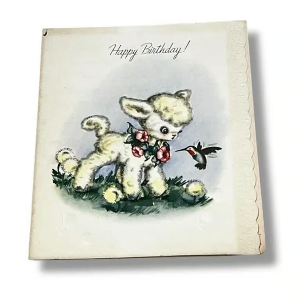American Greetings Happy Birthday Lamb Hummingbird Vintage Greeting Card EBX